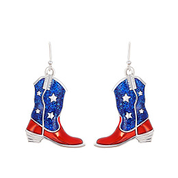 Honeyhandy Alloy Enamel Dangle Earrings, Boot with Star Pattern, Platinum, Blue, 42x25mm