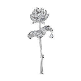 SHEGRACE Brass Brooch, with Grade AAA Cubic Zirconia, Lotus , Platinum, 65.6x25.8mm