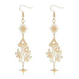 SHEGRACE Alloy Mushroom Dangle Earrings, Sun & Star Long Drop Earrings for Women, Golden, 95x24mm, Pin: 0.8mm