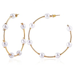 Arricraft Natural Shell Pearl Beaded Big Circle Stud Earrings, Alloy Half Hoop Earrings for Women, Golden, 65mm, Pin: 0.8mm