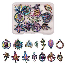 14 Pcs Rainbow Flower & Leaf Themed 316L Surgical Stainless Steel Pendants, Mixed Shapes, Multi-color, 17~23x10~16mm