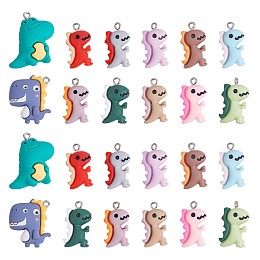 Honeyhandy 24 Pieces Dinosaur Charms Pendants Animal Shape Resin Charm Colorful Dinosaur Pendant for Jewelry Necklace Bracelet Earring Making Crafts, Mixed Color, 28x25x6.5mm, Hole: 2mm