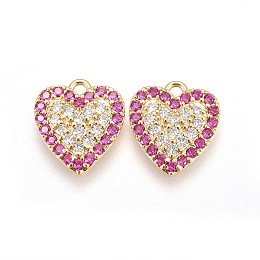 Honeyhandy Brass Micro Pave Cubic Zirconia Pendants, Heart, Fuchsia, Real 18K Gold Plated, 13.3x12x2.7mm, Hole: 1.4mm