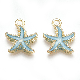 Alloy Enamel Pendants, Starfish/Sea Stars, Light Gold, Sky Blue, 17.5x14.5x2.5mm, Hole: 2mm