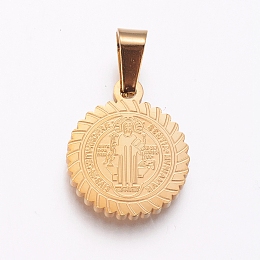 Honeyhandy 304 Stainless Steel Pendants, Flat Round with Saint Benedict, Golden, 18x15x2mm, Hole: 6.5x4mm