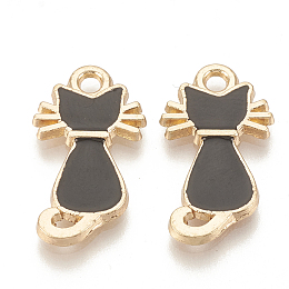 Honeyhandy Alloy Enamel Kitten Pendants, Cadmium Free & Lead Free, Cat Silhouette Shape, Light Gold, Black, 22x12x2mm, Hole: 2mm