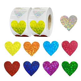 Honeyhandy Sparkle Waterproof Plastic Laser Stickers, Self-adhesive Decals, for Card-Making, Scrapbooking, Mobile Phone Shell, Notebooks, Heart with Sequins Pattern, Colorful, 70x28mm, 500pcs/roll