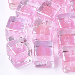 Honeyhandy Transparent Acrylic Beads, UV Plating & Rainbow, Bead in Bead, Half Drilled Beads, Cube, Pearl Pink, 12.5x12.5x12.5mm, Half Hole: 3.5mm