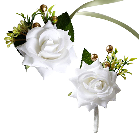 CRASPIRE 2PCS White Wrist Corsage Wedding Flowers Accessories Artificial Rose Silk Wristband Boutonniere Buttonholes Rose Wrist Corsage Groom and Brides Rose Wedding Bridal Accessories