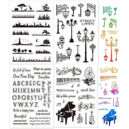 GLOBLELAND 4 Sheets Mixed Theme TPR Clear Stamps with Acrylic Board for Card Making DIY Scrapbooking Photo Album Decorative Paper Craft(Corner Piano Letters Street Lamp)