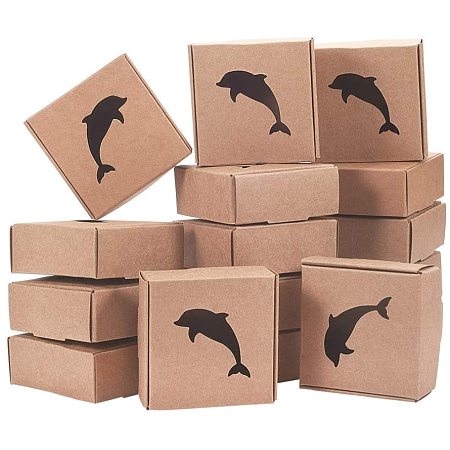 BENECREAT 30 Packs Kraft Paper Boxes with Dolphin Shape Window 3x3x1.2 Cardboard Gift Boxes for Party Favor Treats and Jewelry Packaging