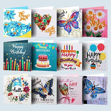 Honeyhandy DIY Birthday Theme Diamond Painting Greeting Card Kits, including Paper Card, Paper Envelope, Resin Rhinestones, Diamond Sticky Pen, Tray Plate and Glue Clay, Mixed Color, Paper: 150x300mm, 12 patterns, 1pc/pattern, 12pcs