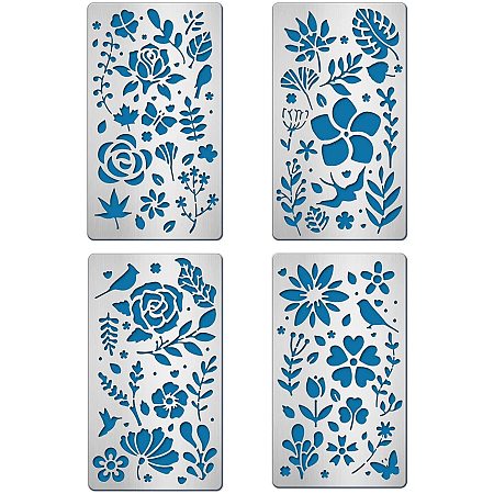 BENECREAT 4PCS 4x7 Inch Flower Pattern Metal Stencils Nature Theme Stencil Template for Wood Carving, Drawings and Woodburning, Engraving and Scrapbooking Project