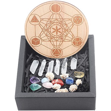 SUNNYCLUE 1 Box Healing Crystals Chakra Stones Set 7 Chakra Tumbled Polished Gemstones & Rose Stones with Wood Plate Crystal Column for Meditation Stress Relief Reiki Balancing