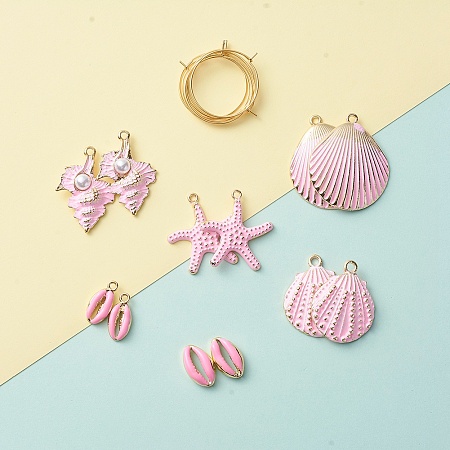 NBEADS DIY Earring Making, 304 Stainless Steel Hoop Earrings, Spray Painted Alloy Pendants and Alloy Enamel Beads, Pink, 25mm; Pin: 0.7mm, 12pcs/bag; Pendant: 17~35.5x8.5~29.5x3.5~7mm, 12pcs/bag
