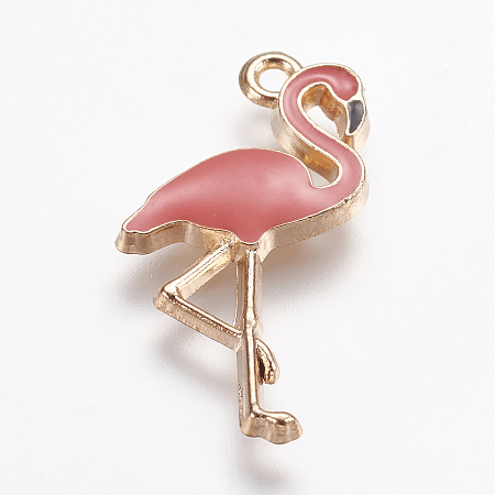 Honeyhandy Alloy Enamel Pendants, Flamingo Shape, Pale Violet Red, Light Gold, 26x14x2.5mm, Hole: 1mm