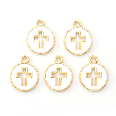 Honeyhandy Light Gold Plated Alloy Enamel Pendants, Flat Round with Cross, White, 15x12x1.5mm, Hole: 1.6mm