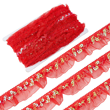 GORGECRAFT 13Yds Satin Organza Red Pleated Trim Lace Gathered Mesh Fabric Sequin Stretch Ruffled Ribbon 1-1/8