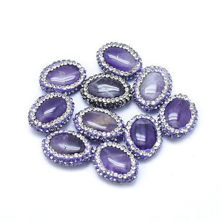 Honeyhandy Natural Amethyst Beads, with Polymer Clay Rhinestone, Oval, Violet, 18~20x14~16x5~7mm, Hole: 0.8~1mm