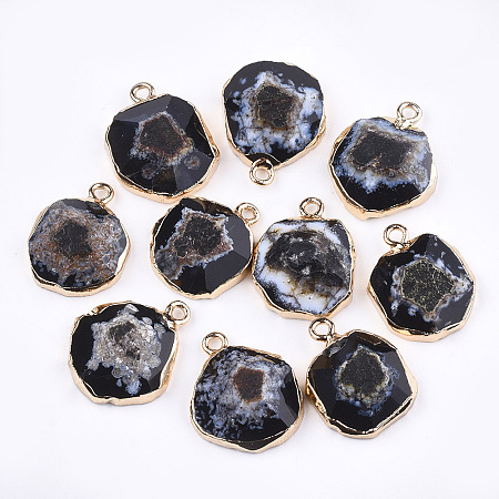 Honeyhandy Electroplate Natural Agate Pendants, with Brass Findings, Faceted, Dyed, Golden, Black, 17~22x14~18x5~10mm, Hole: 1.8mm