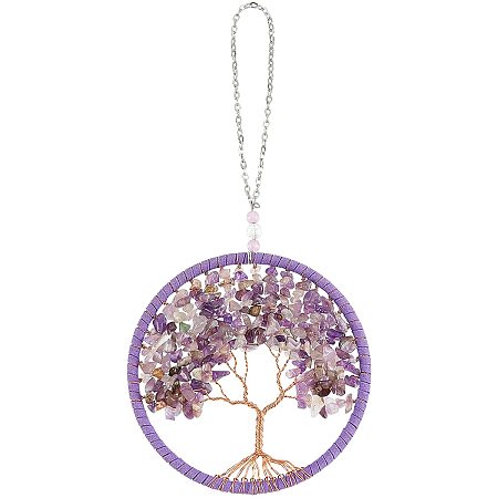 NBEADS 1 Pc Tree of Life Pendant, Chip Natural Gemstone Wire Hanging Decoration, Purple Gemstone Necklace with Iron Cable Chains for Home, Window, Car, Decoration