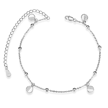 Arricraft 925 Sterling Silver Charm Anklets, with Grade AAA Cubic Zirconia, Flat Round, Platinum, 39451 inch(21cm)