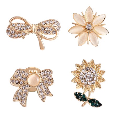 Arricraft 4Pcs 4 Style Crystal Rhinestone Bowknot & Sunflower Brooches, Gold Plated Alloy Badges for Backpack Clothes, Golden, 20~26x15~21mm