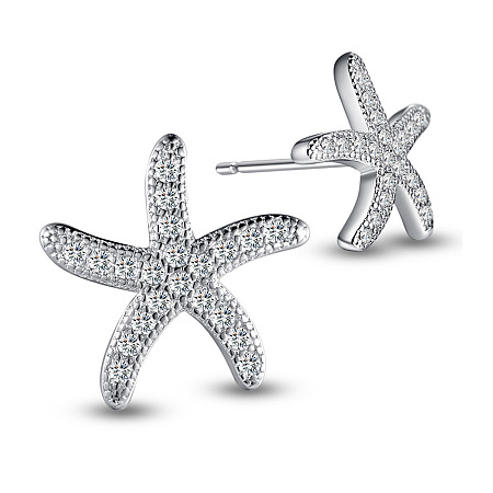 SHEGRACE Delicate 925 Sterling Silver Ear Studs, Micro Pave AAA Cubic Zirconia Starfish/Sea Stars, Clear, 11mm, Pin: 0.7mm