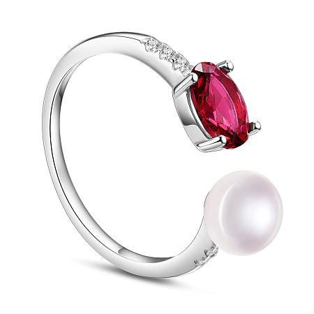 SHEGRACE Gorgeous 925 Sterling Silver Cuff Rings, Open Rings, with Red AAA Cubic Zirconia and Freshwater Pearl, Platinum, 18mm