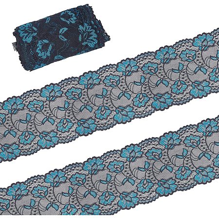 GORGECRAFT 5 Yard Black Lace Trim Ribbon Blue Floral Stretch Tulle 5.9