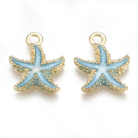Alloy Enamel Pendants, Starfish/Sea Stars, Light Gold, Sky Blue, 17.5x14.5x2.5mm, Hole: 2mm