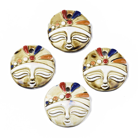 ARRICRAFT Handmade Porcelain Pendants, Flat Round with Face Pattern, Lemon Chiffon, 46~47.5x44~46.5x11~12.5mm, Hole: 4.5mm
