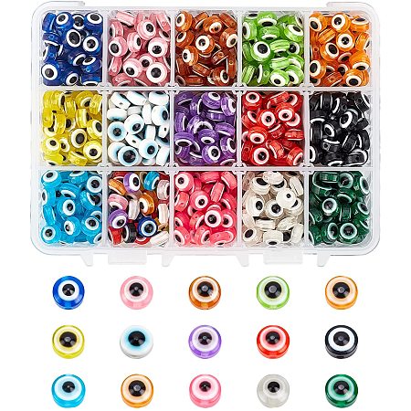NBEADS 750 Pcs 7.5mm Evil Eye Beads, 15 Colors Resin Flat Round Evil Eye Charms Loose Spacer Beads for DIY Bracelet Necklace Jewelry Making