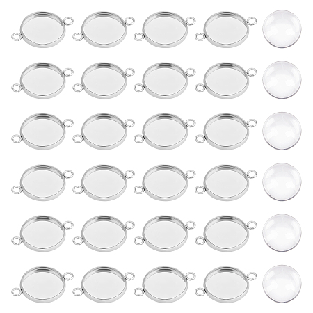 Unicraftale 100Pcs 304 Stainless Steel Cabochon Connector Settings, Plain Edge Bezel Cups, Flat Round, with 100Pcs Transparent Glass Cabochons, Stainless Steel Color, Tray: 14mm, 13.5~21.5x13.5~16x2~4mm, Hole: 2mm