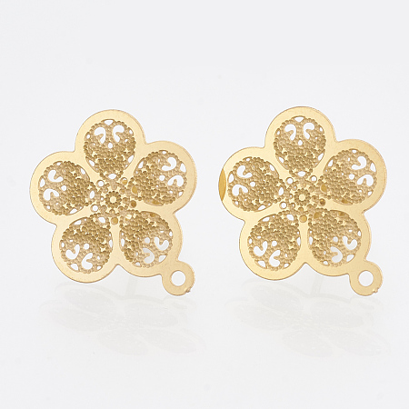 Honeyhandy 304 Stainless Steel Stud Earring Findings, with Loop, Flower, Golden, 18x15.5mm, Hole: 1mm, pin: 0.7mm
