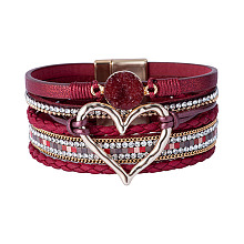 Honeyhandy Imitation Leather Multi-Starnd Bracelets, Bohemia Style Rhinestone and Druzy Crystal, Link Bracelet for Women, Dark Red, 7-5/8 inch(19.5cm), 30mm