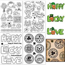 GLOBLELAND 4Pcs Happy St.Patrick's Day Clear Stamps Gnome Vintage Round Label Clover Silicone Clear Stamp Seals Set for Cards Making DIY Scrapbooking Photo Journal Album Decoration