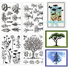 GLOBLELAND 4 Sheets Plants Tree Clear Stamps for Card Making Flower Silhouette Silicone Clear Stamp Seals Transparent Stamps for DIY Scrapbooking Journals Decorative Photo Album