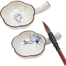 PandaHall Elite Plant Ink Dish Porcelain Ink Plate with Handle Chinese Calligraphy Painting Brush Rest Holder Flower Shape Multifunctional Ink Dish for Calligraphy Sumi-e Painting Japanese Prints