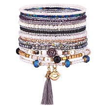 Honeyhandy 11Pcs Boho Seed Beads Stretch Bracelets Set, Multilayered Stackable Bracelets, Colorful Tassel Charm Bracelets for Women, Black, Inner Diameter: 1-3/4~2-1/8 inch(4.5~5.5cm)