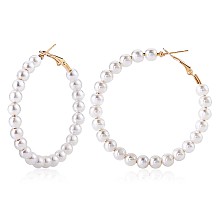 Arricraft Natural Shell Pearl Beaded Big Hoop Earrings, Alloy Jewelry for Women, Golden, 53.5mm, Pin: 0.8mm