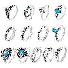 Honeyhandy 13Pcs 13 Style Aquamarine Rhinestone Tortoise & Elephant & Lotus & Crown Finger Rings Set, Alloy Stackable Rings for Women, Antique Silver, Inner Diameter: 15.7~17.8mm, 1Pc/style