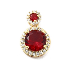 Honeyhandy Brass Micro Pave Clear Cubic Zirconia Pendants, with Glass, Flat Round, Real 18K Gold Plated, Dark Red, 21mm, Hole: 4x3mm