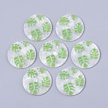 Honeyhandy Cellulose Acetate(Resin) Pendants, Tropical Leaf Charms, 3D Printed, Flat Round, Monstera Leaf Pattern, Lime Green, 39x2.5mm, Hole: 1.6mm