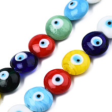 Honeyhandy Handmade Evil Eye Lampwork Beads Strands, Flat Round, Colorful, 14~16x16~17x8.5~9mm, Hole: 1mm, about 25pcs/strand, 14.96 inch(38cm)