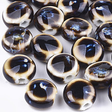 Honeyhandy Handmade Porcelain Beads, Fancy Antique Glazed Porcelain, Flat Round, Coconut Brown, 10~11x10.5~11x5~5.5mm, Hole: 1.5~2mm