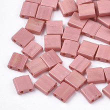 Honeyhandy 2-Hole Opaque Glass Seed Beads, Frosted, Rectangle, Light Coral, 5x4.5~5.5x2~2.5mm, Hole: 0.5~0.8mm