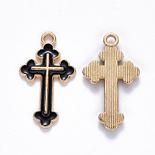 Honeyhandy Alloy Enamel Pendants, Cross, Light Gold, Black, 25x14x2mm, Hole: 1.8mm