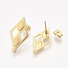 Honeyhandy 304 Stainless Steel Stud Earring Findings, with Ear Nuts/Earring Backs, Rhombus, Golden, 24x13.5mm, Hole: 1.2mm, Side Length: 12mm, Pin: 0.7mm