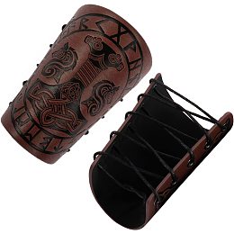 GORGECRAFT 2PCS Men Leather Bracers Arm Armor Cuff Gauntlet Wristband Embossed Medieval Bracers Viking Vegvisir Archery Buckle Bracers Jewelry Armband for Women Cosplay Costume(Brown)